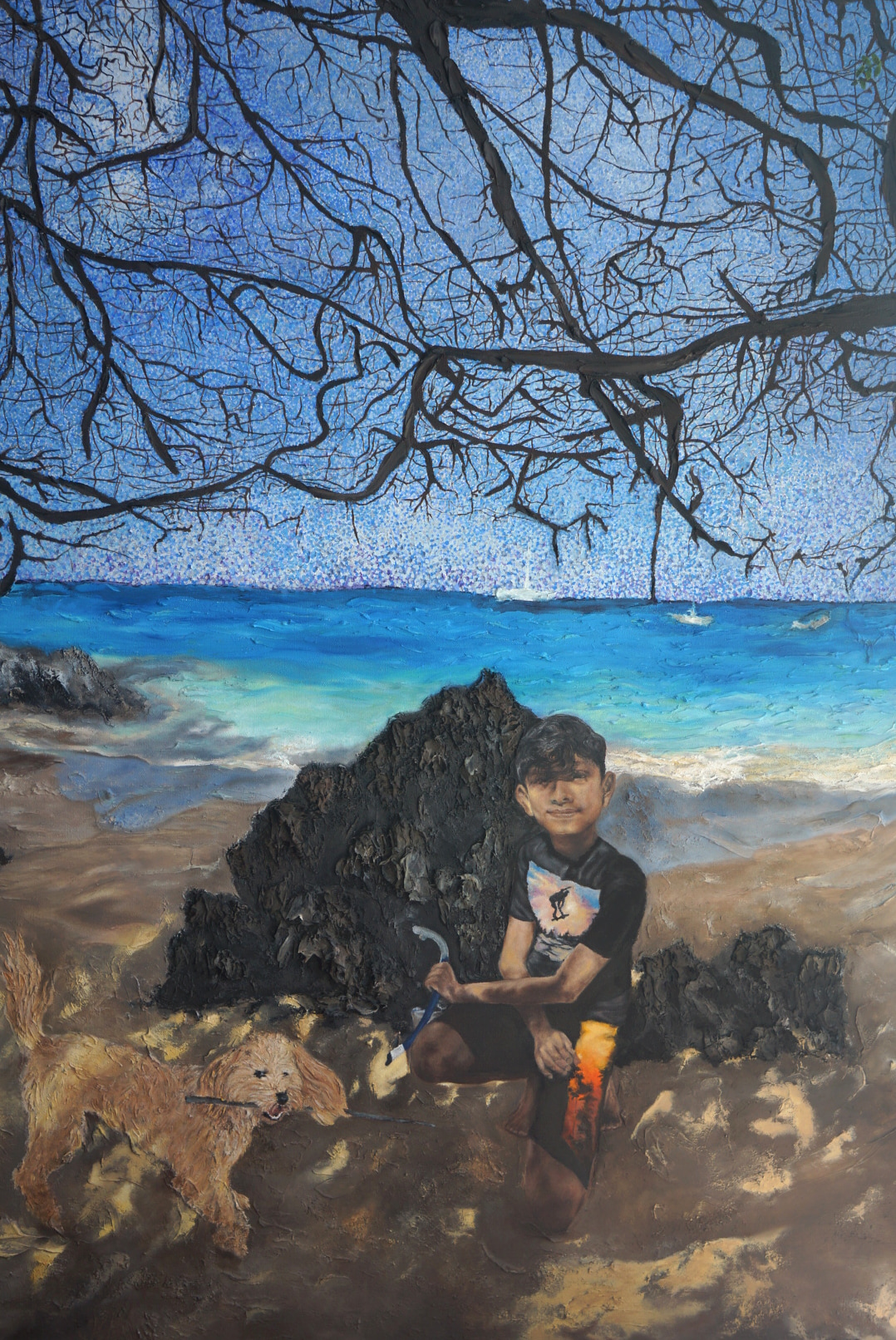 Bucco oil painting showing a boy and dog on a Tobago beach beneath tree branches